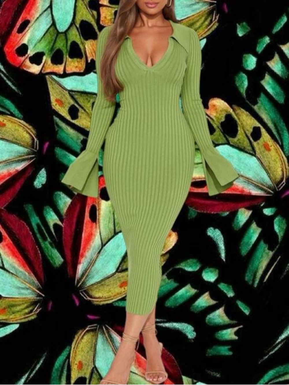 Fashion Nova Olive Ribbed V-Neck Midi Dress